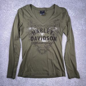 Harley-Davidson Women Olive Green Long Sleeve T-Shirt Size M 2013 Mountain
